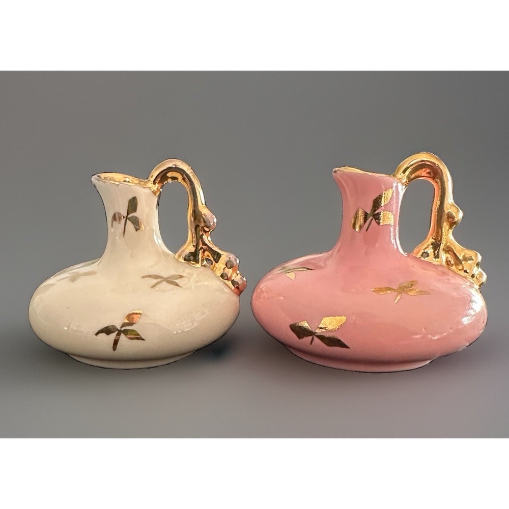 Vtg 1950s La Pere Pottery Set Of 2 Mini Bud Vases Pink & White Gold Trim EUC
